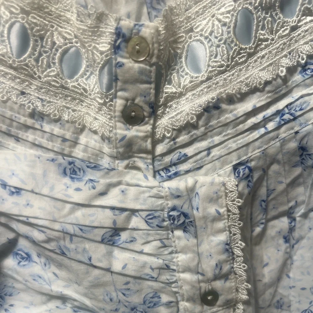 Eileen West Cotton blue Floral LS Long Nightgown cottagecore lace vtg - Picture 8 of 8